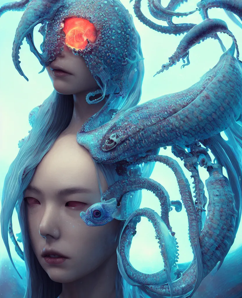 Image similar to hooded goddess close - up portrait hooded human skull, ram skull, squid phoenix jellyfish, orchid, betta fish, bioluminiscent, intricate artwork by tooth wu and wlop and beeple. octane render, trending on artstation, greg rutkowski very coherent symmetrical artwork. cinematic, hyper realism, high detail, octane render, 8 k