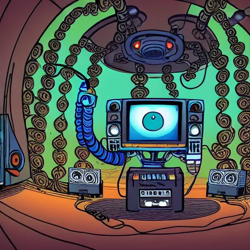 Image similar to detailed, intricate, colour, comic style illustration of a robotic octopus with audio jack cable tentacles, inside a huge music studio cave