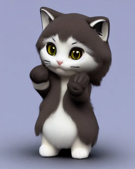 Prompt: hires cycles render of full body 3 d render of cute cat as a nendoroid with fur! giving v sign, soft studio lighting, grey background, no shadow, blender, trending on artstation, 8 k, highly detailed