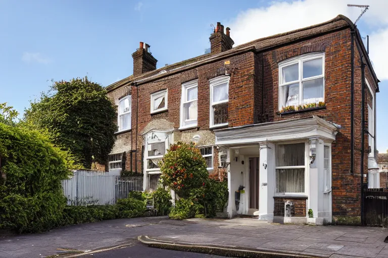 Prompt: cyberpunk, an estate agent listing photo, external view of a detached city house in the UK, London, sunny, by Paul Lehr, highly detailed, photorealistic, unreal engine, 8k, anamorphic, cinestill cinematrography