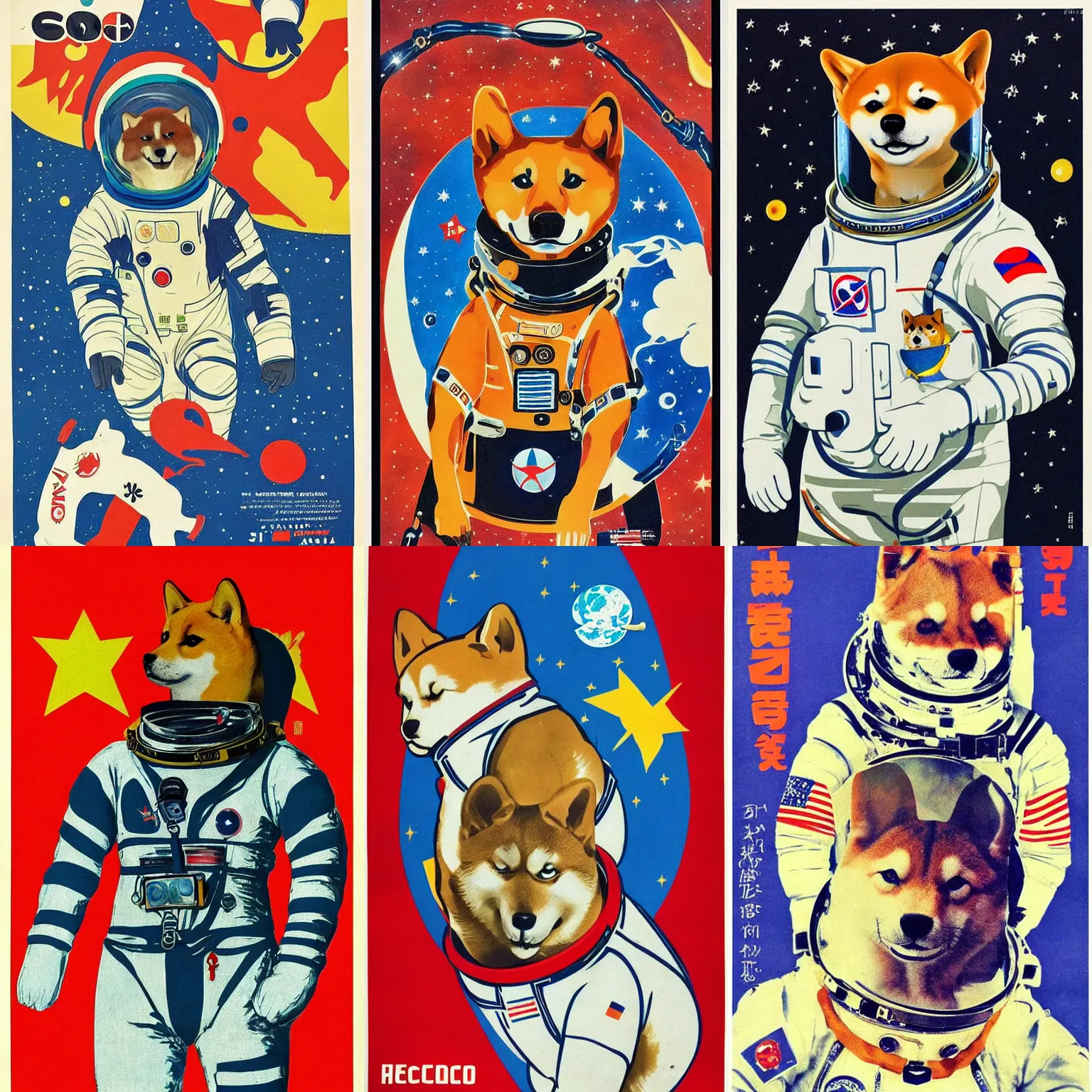Prompt: Shiba Inu Russian cosmonaut portrait, Dog spacesuit, 60s poster, 1966 Soviet
