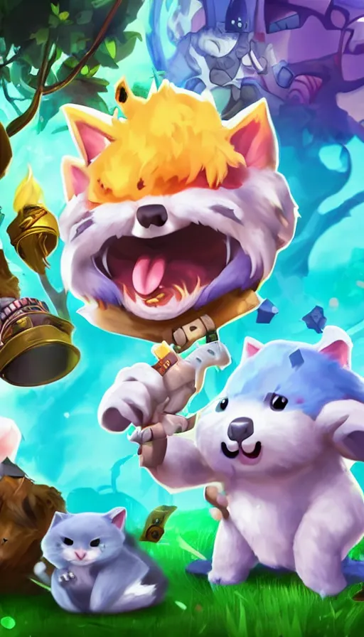 Image similar to a splash screen for a game by supercell showing a magic battle between a cute cat and a koala