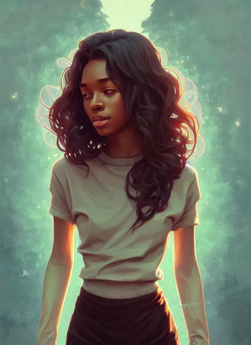 Image similar to handsome young black women with shoulder length brown hair, half body shot, path traced, highly detailed, high quality, digital painting, alena aenami, lilia alvarado, shinji aramaki, karol bak, alphonse mucha, tom bagshaw