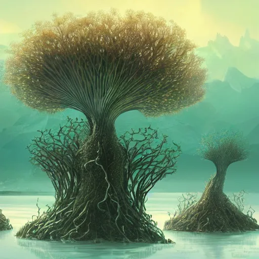Prompt: a beautiful detailed matte painting of seaweed growing out of strange Xanthic mushrooms, pattern, fractals, moebius, trending on artstation