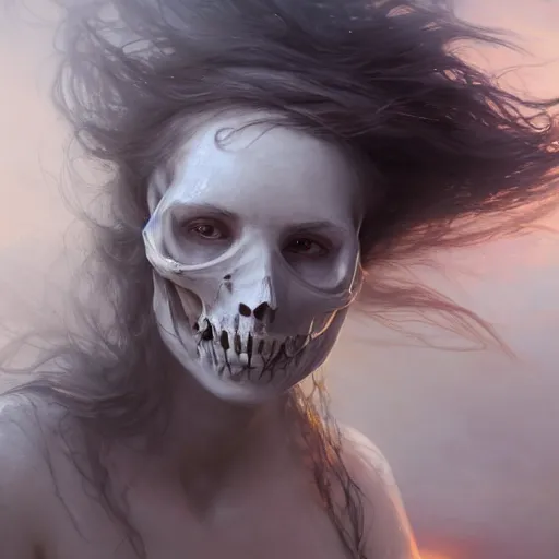 Prompt: epic portrait an woman with a skull face, wet flowing hair, sweaty skin, broad light, ambient occlusion, volumetric light effect, made by ivan aivazovsky, peter mohrbacher, greg rutkowski, hyperrealistic, hyperdetailed, matte painting, trending on artstation, 8 k, perfectly defined features, digital painting,