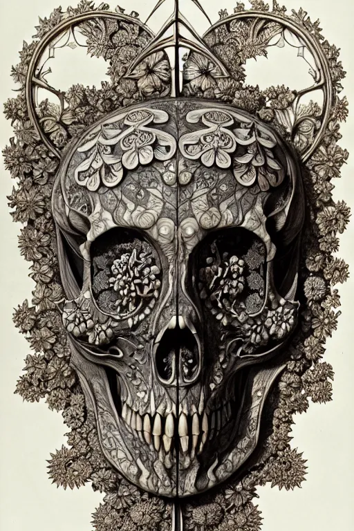 Image similar to art forms of nature by ernst haeckel, memento mori by arthur rackham, ornate antique porcelain beautiful skull mask, ultrasharp, photorealistic, hyperdetailed, octane render, polished, art nouveau, neo - gothic, gothic, intricate ornamental organic filigree, art nouveau botanicals, art forms of nature by ernst haeckel, horizontal symmetry, symbolist, visionary