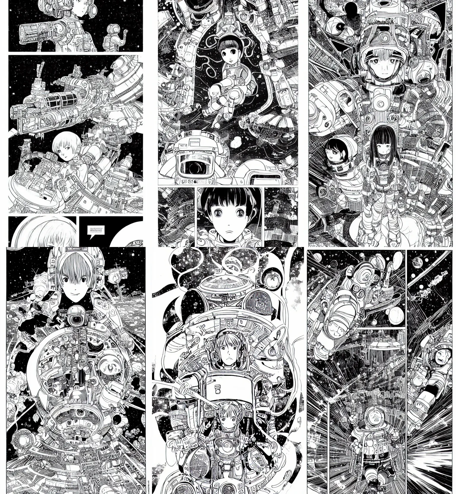 Prompt: a beautiful intricate detailed page from the manga, story of a lone woman lost in space with only her spaceship, by Katsuhiro Otomo and Masamune Shirow, clean lines, lineart, clean edges, trending on mangareader