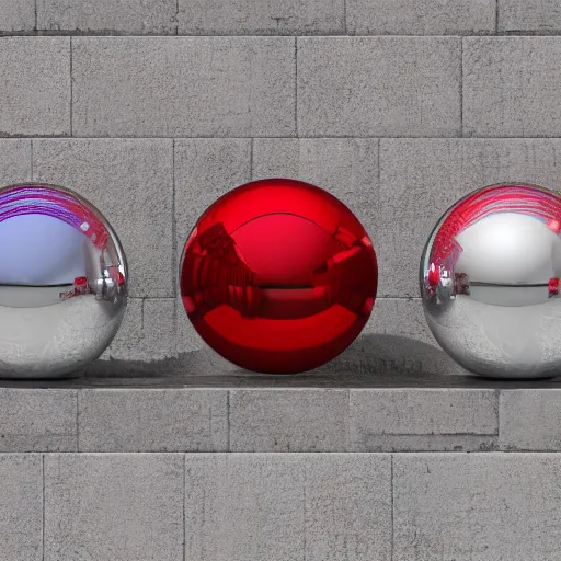 Prompt: chrome spheres on a red cube, godrays