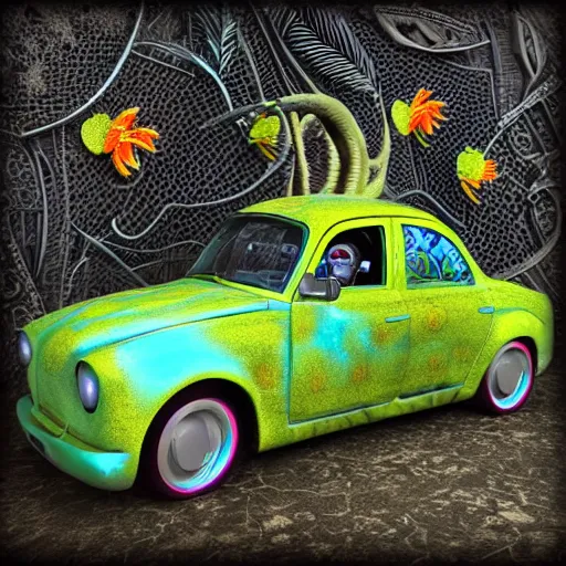 Prompt: Car with The Minions inside cinema 4d colorful render, organic, dark scene, ultra detailed, of a porcelain beautiful grimes face. biomechanical, analogue, macro lens, hard light, big leaves and large orange Dragonflies, stems, roots, fine foliage lace, turquoise gold magenta green details, high fashion haute couture, art nouveau fashion embroidered, intricate details, mesh wire, mandelbrot fractal, cable wires, elegant, hyper realistic, in front of dark flower pattern wallpaper, ultra detailed