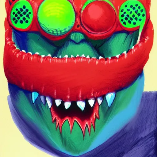 Image similar to a tennis ball monster wearing a balaclava and jewelry , digital art, fantasy, magic, trending on artstation, ultra detailed, professional illustration by Basil Gogos