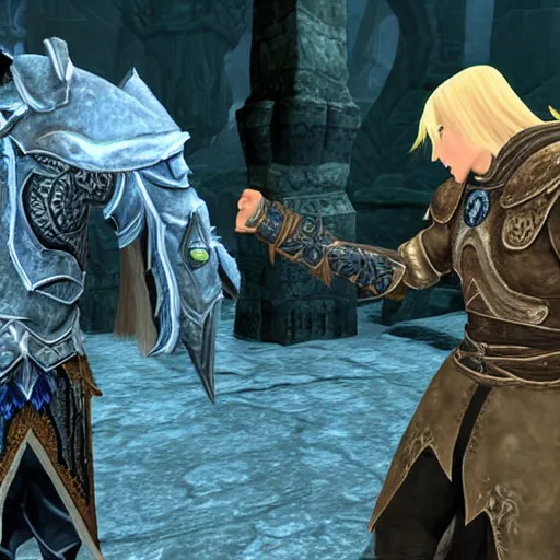 Prompt: arthas menethil shaking hands with skyrim's dragonborn