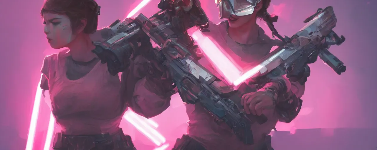 Image similar to duotone concept illustration 3 / 4, hero with blaster, shootout!, glow pink shots, higly detailed, by artgerm, cushart krenz, greg rutkowski, james jean, nouveau, digital art, gaudy colors, sharp edges, 8 k, elegant, intricate, octane render, artstation