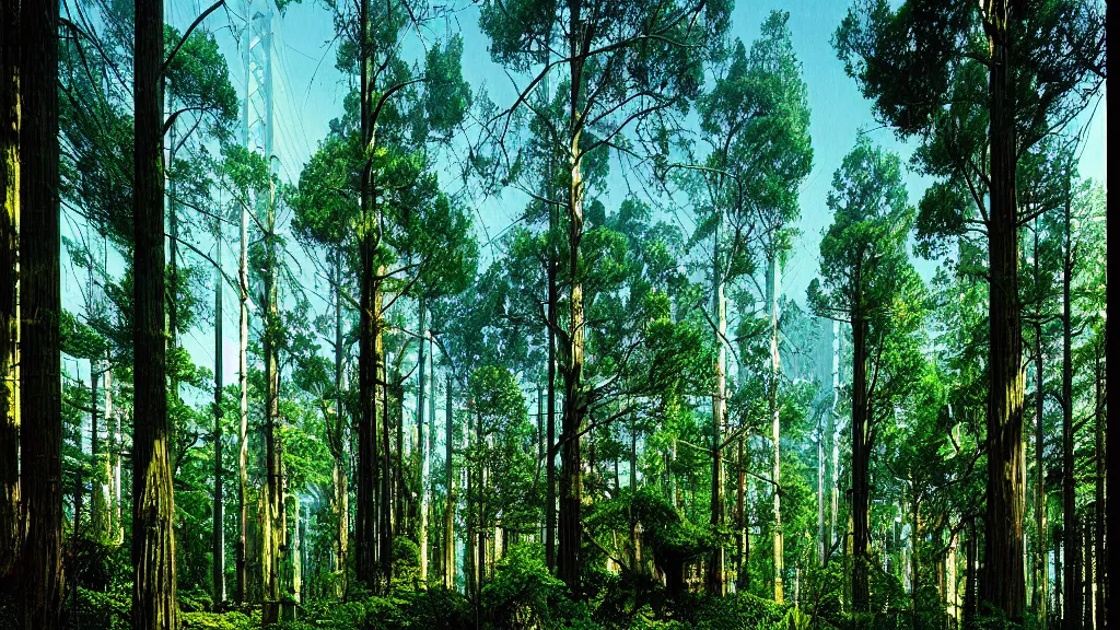 Image similar to Clean, Cheap Abundant,Nuclear Energy Future, Forest in Harmony with Nature; Location: San Francisco, California; retronatural-futurism; by Neil Burnell and Joseph Selle