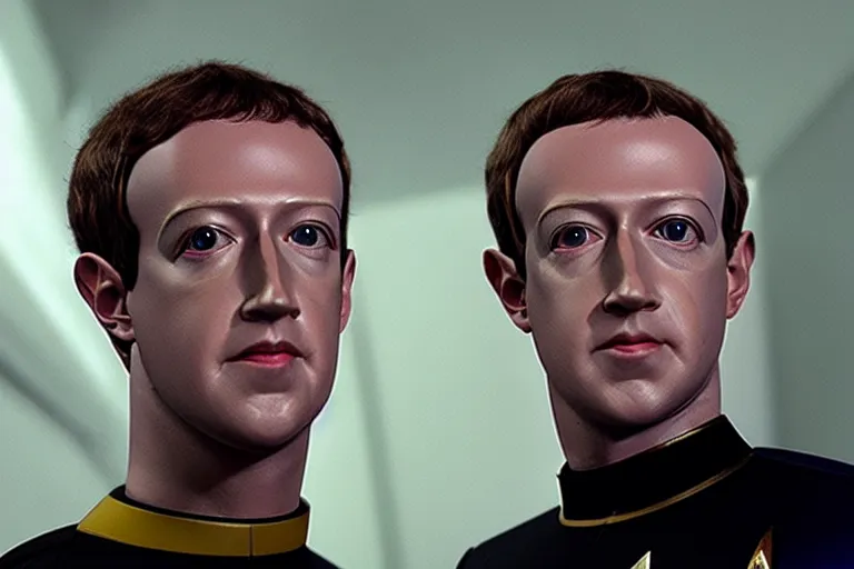 Prompt: Mark Zuckerberg as Lt. Commander Data on Star Trek The Next Generation, deepfake, datazucc, 35mm portrait, hyperreal