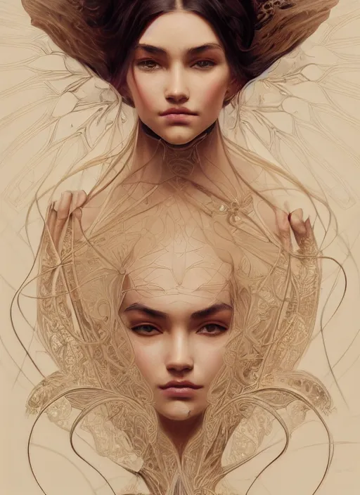 Image similar to symmetry!! madison beer, machine parts embedded into face, intricate, elegant, highly detailed, digital painting, artstation, concept art, smooth, sharp focus, illustration, art by artgerm and greg rutkowski and alphonse mucha, 8 k