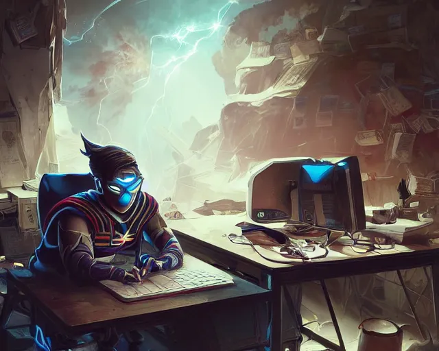 Image similar to an insanely detailed painting of a nerdy asian man wearing a superhero costume, sitting at a desk, staring at the nervously at the computer and typing, in the style of peter mohrbacher, dramatic lighting and composition, octane render, pixar, trending on artstation, concept art, comic book, view from behind