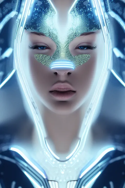 Image similar to detailed portrait ultra glam cyber noun, attractive feminine curves, gorgeous, intricate, scifi, futuristic, elegant cape, elegant, alien room background, white, blue, gold, photorealism, trending on artstation, holy halo, advanced technology, art by moebius and vitaly bulgarov and chanthara