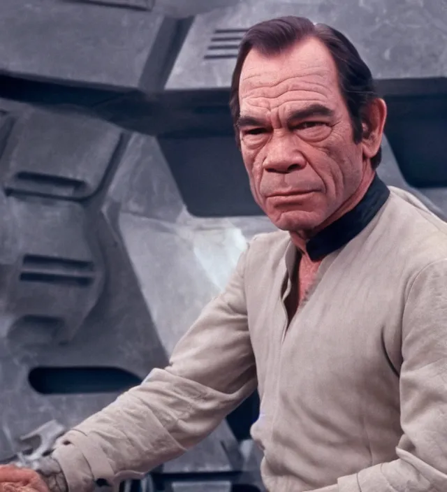 Image similar to tommy lee jones in star wars, movie still frame, hd, remastered, movie grain, cinematic lighting