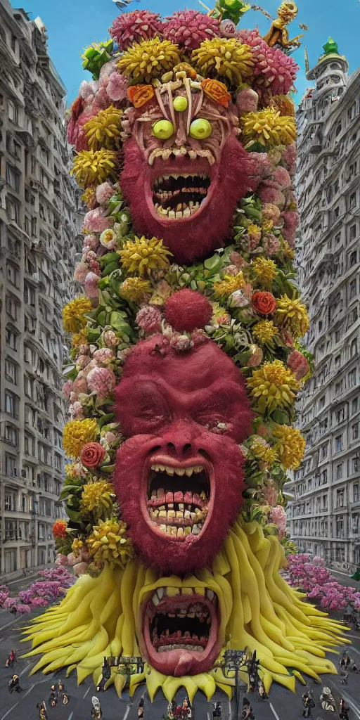 Image similar to colossal grotesque Beelzebub flower made from angry smiles in the middle of post soviet constructivist cityscape, Stalinist architecture, ultradetailed, Intricate by Hayao Miyazaki and Josan Gonzalez and Makoto Shinkai and Giuseppe Arcimboldo and MC Esher and Wes Anderson