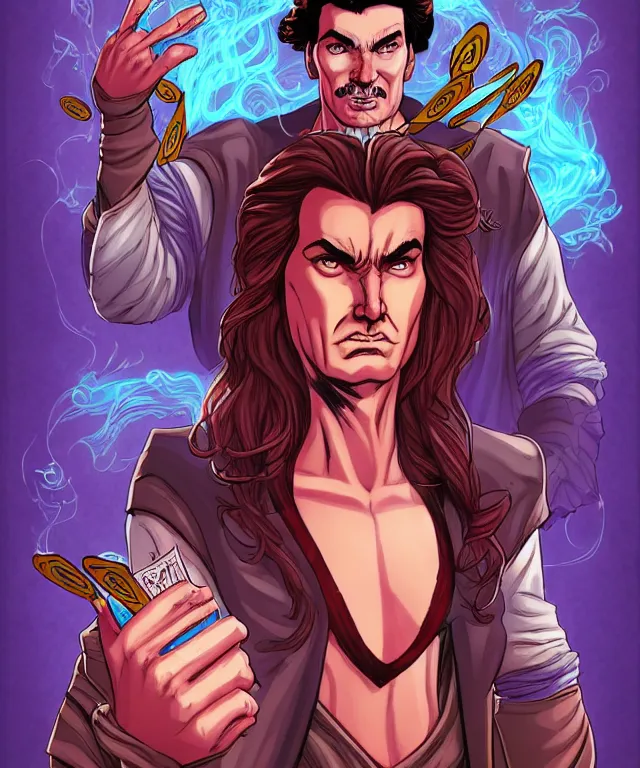 Image similar to a fantasy comic - style full portrait of a gambler who looks like norm macdonald, digital illustration by ken taylor and sana takeda and jenny frison, fine inking lines, vivid colors, dnd, highly detailed!, hd, 4 k, trending on artstation