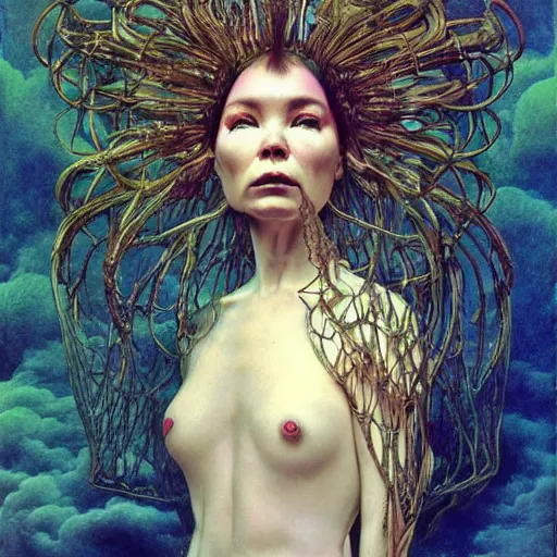 Prompt: bjork by zdzisław beksinski, iris van herpen, alexander mcqueen, raymond swanland and alphonse mucha. highly detailed, hyper - real, beautiful