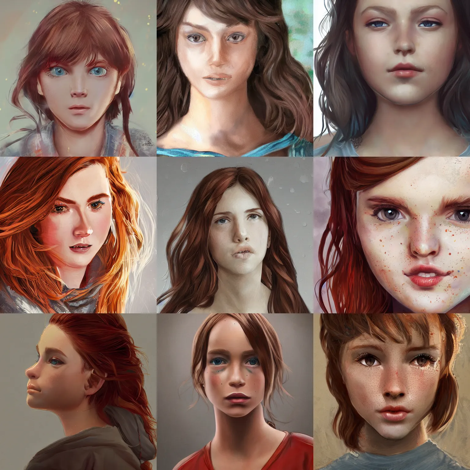 Prompt: portrait of a teen girl with bright brown eyes and red hair and freckles, 8 k, highly detailed, digital painting, artstation, sharp focus, illustration