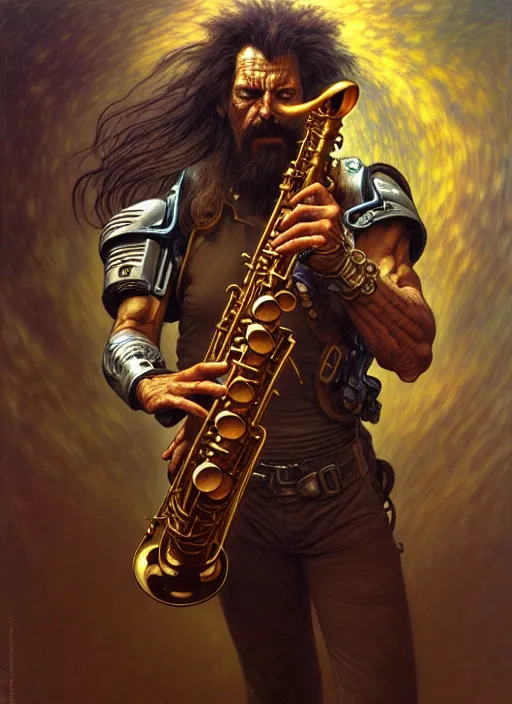 Prompt: portrait of a dirt man playing sax, warhammer 40000, cyberpunk, intricate, highly detailed, digital painting, artstation, concept art, smooth, sharp focus, illustration, art by Amano and Karol_Bak and artgerm and greg rutkowski and alphonse mucha and Gustav Klimt and Kojima