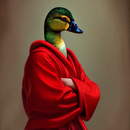 Prompt: portrait of cute mallard duck, wearing cultist red robe, inside a castle, expressive oil painting, digital art, octane render