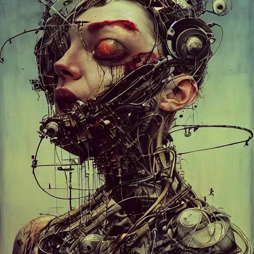 Image similar to the last wanderer of earth, post - apocalyptic wasteland, wires cybernetic implants, in the style of adrian ghenie, esao andrews, jenny saville, surrealism, dark art by james jean, takato yamamoto