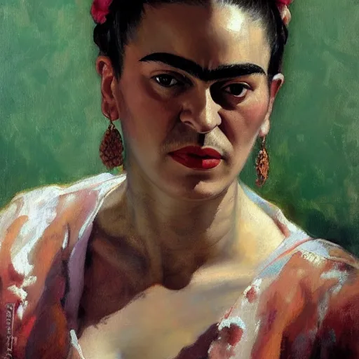 Prompt: portrait of frida kahlo, white background, detailed painting, epic lighting, by ilya repin, phil hale and kent williams