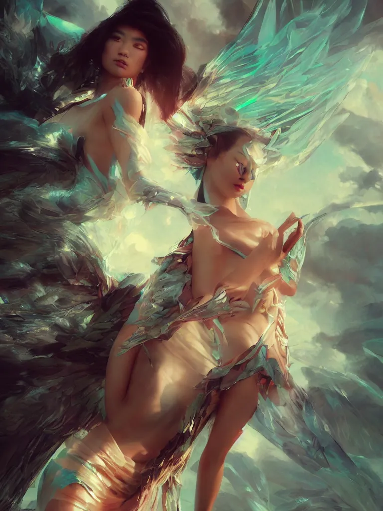 Prompt: closeup asian model cj miles with neon cyberangel wings in a superherione pose, draped silk outfit flowing in the wind by greg rutkowski, by jeremy lipkinng, by artgerm, digital art, redshift render, hyperrealistic, ray - tracing