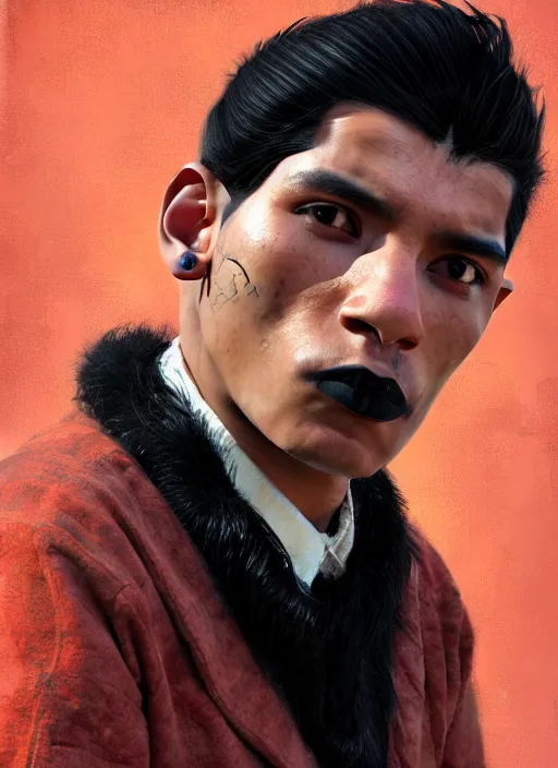 Image similar to portrait of a peruvian man with a crooked nose and a confident expression, 1 9 6 0 s, black clothes, goth, punk, brightly coloured hair, funk, intricate, elegant, highly detailed, digital painting, artstation, concept art, smooth, sharp focus, illustration, art by wlop, mars ravelo and greg rutkowski