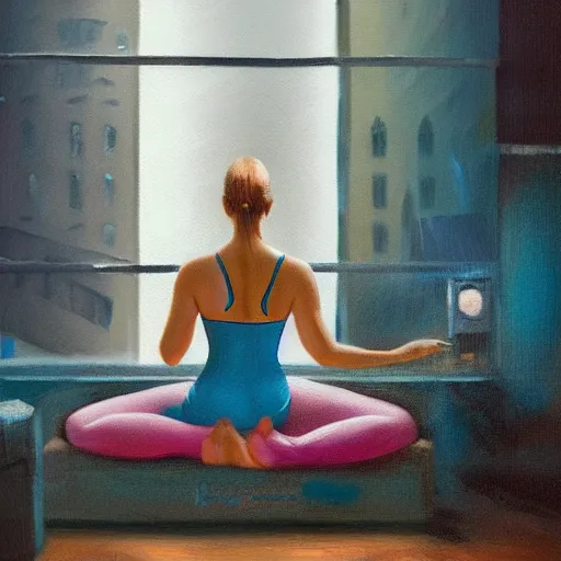 Prompt: Detailed oil painting of a beautiful woman in a tiny dress in a yoga pose on a bed feet up and the window to a rainy cyberpunk city.