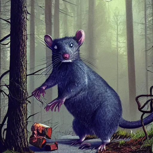 Prompt: giant rat in the woods of Maine, behind a cabin, felix Kelly, digital art, artstation, Michael Whelan, cinematic, mysterious