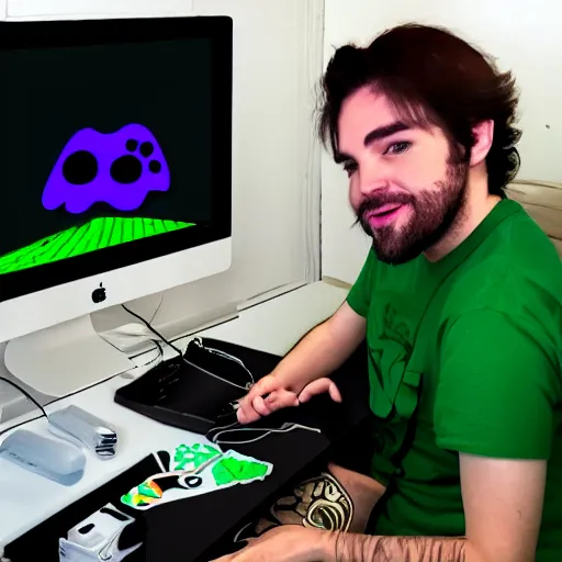 Image similar to a professional drawing of vinny vinesauce streaming and playing computer games, fanart, trending on artstation, by kawacy