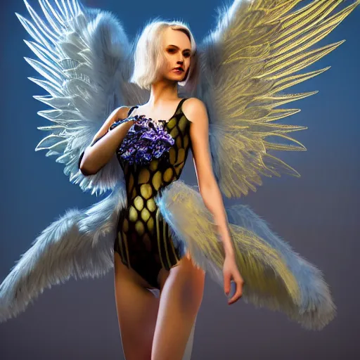 Image similar to fantasy angel with wings inspired avant - garde art, deco fashion, highly detailed, photorealistic portrait, bright studio setting, studio lighting, crisp quality and light reflections, unreal engine 5 quality render