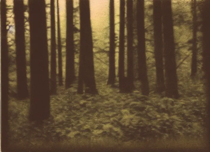 Image similar to aged blurry polaroid photograph of a forest at dusk