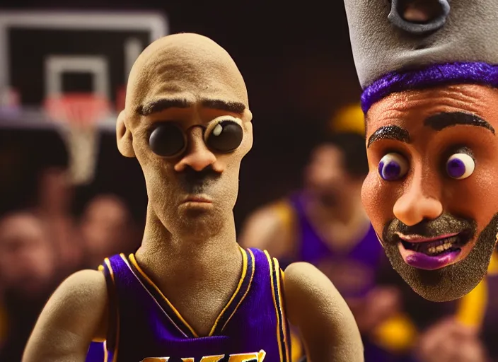 Image similar to cinematic screenshot portrait of a stop motion claymation film about a wacky adventure starring kobe bryant, shallow depth of field, 1 8 mm, f 1. 8