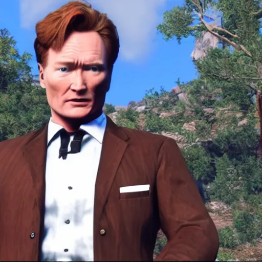 Image similar to Conan O'Brien as a holy preacher, in game screenshot of Red Redemption 2