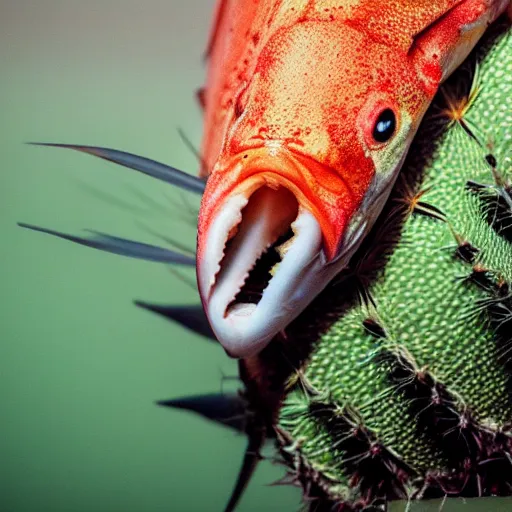 Image similar to close up of a fish eating a cactus, 33mm, 4k, award winning photo