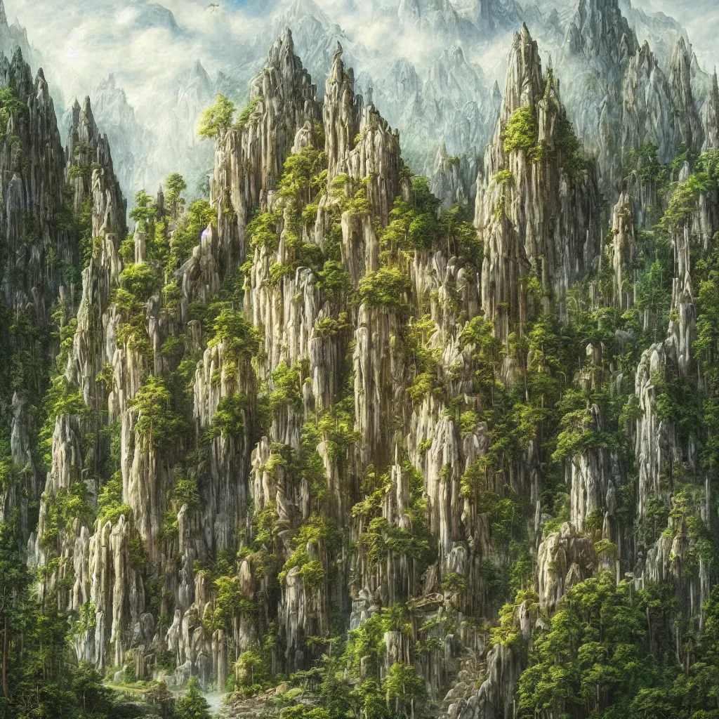 Prompt: A beautiful and highly detailed oil painting of beautiful elven temple in the mountains, detailed plants, trees and cliffs, rivendell, intricate details, sharp focus, hyper realism, 8k, by Caspar Friedrich,