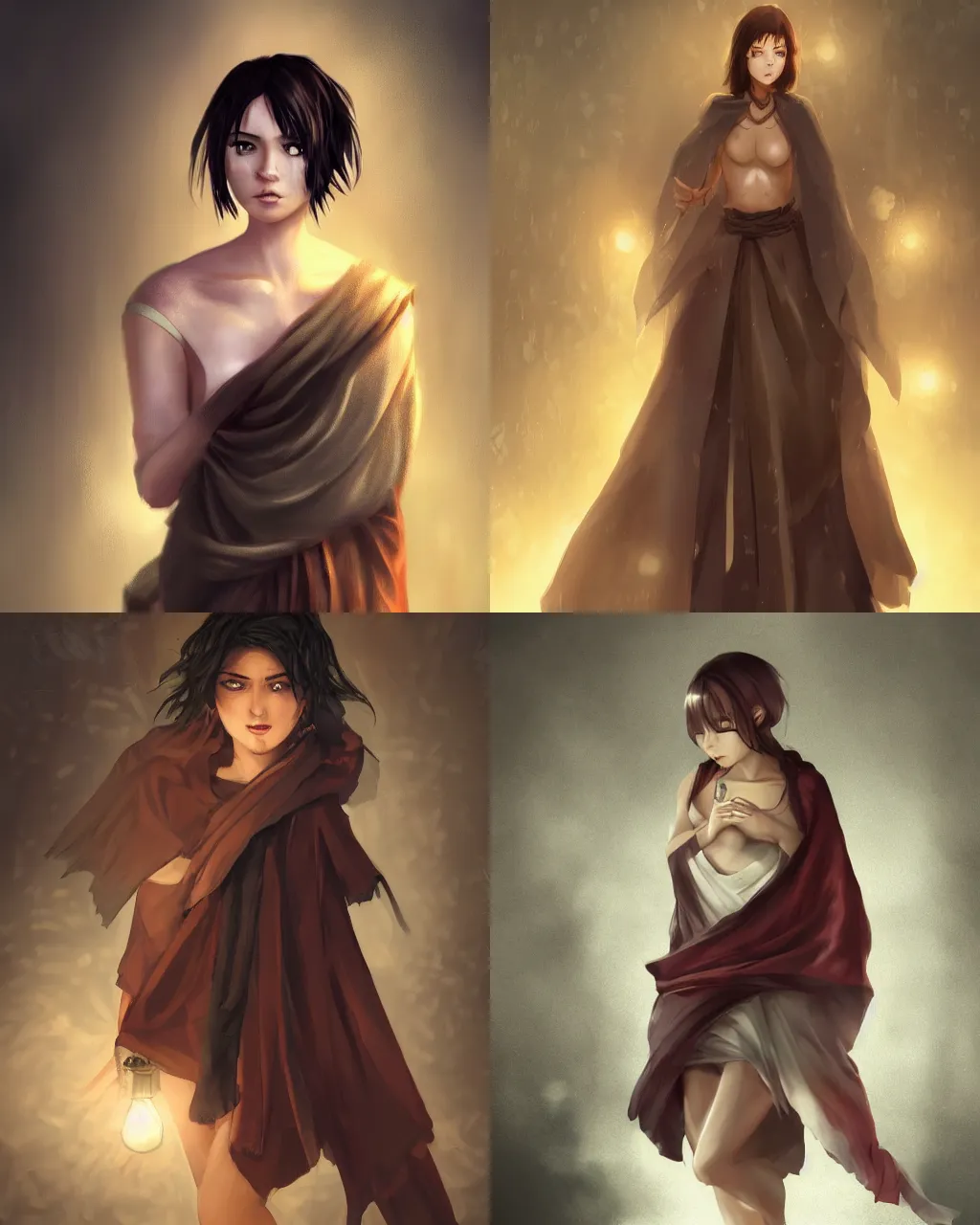 Prompt: Dark warehouse, a young woman with short dark hair, full body modelling in gauze bandages, cloth wraps, sarong, heavy cloak, serious expression, spotlight on subject, detailed face, digital anime art, by WLOP