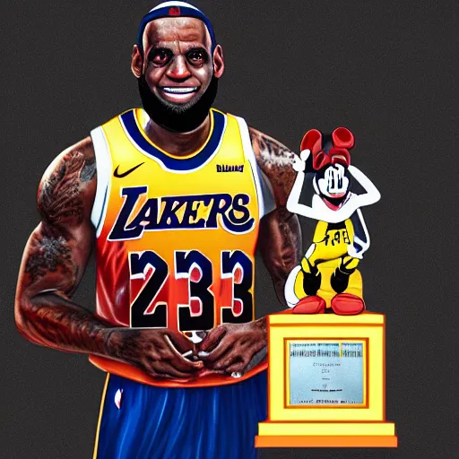 Image similar to Lebron James holding a mickey mouse trophy, digital art