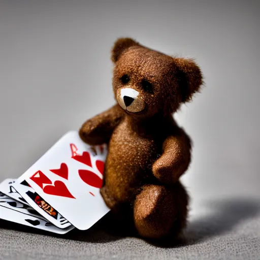 Image similar to a photograph of a teddybear holding a pack of playing cards, 50mm, depth of field