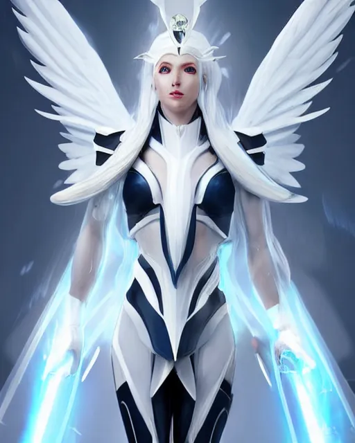 Prompt: perfect white haired attractive egyptian goddess with huge white dove wings, warframe armor, beautiful, symmetric, dreamy, half asian, pretty face, blue eyes, detailed, scifi platform, laboratory, charlize theron, 4 k, ultra realistic, epic lighting, android body, illuminated, cinematic, masterpiece, art by akihito tsukushi, voidstar