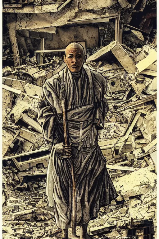 Prompt: A monk standing in the rubble of a destroyed smoking building, Highly detailed labeled, poster, aesthetic, haeccety by Feng Zhu and Loish and Laurie Greasley