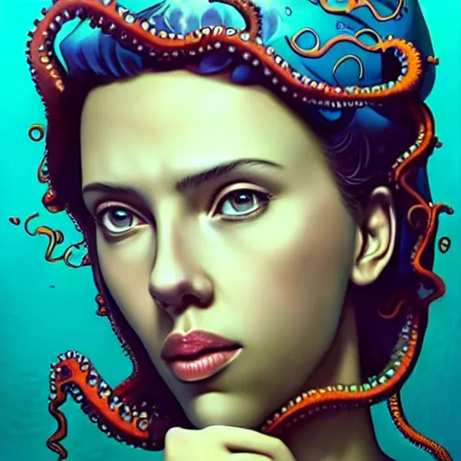 Image similar to lofi underwater lovecraftian portrait of scarlett johansson, octopus, Pixar style, by Tristan Eaton Stanley Artgerm and Tom Bagshaw.