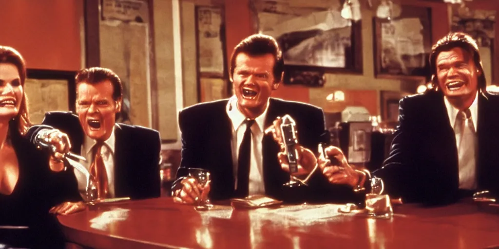 Prompt: still frame of Geena Davis, Roger Moore and Jim Carrey in Pulp Fiction laughing hysterically in a dark bar over a tiny gun