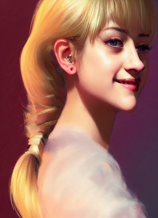 Image similar to portrait of lili reinhart with fluffy bangs, smiling kindly, bangs, 1 9 6 0 s, ponytail, fluffy bangs and ponytail, intricate, elegant, glowing lights, highly detailed, digital painting, artstation, concept art, smooth, sharp focus, illustration, art by wlop, mars ravelo and greg rutkowski