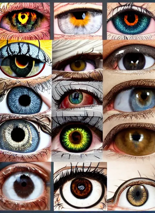 Image similar to diverse eyes!, dot pupils, round pupil, happy human eyes, round iris, advanced art, art styles mix, from wikipedia, grid of styles, various eye shapes